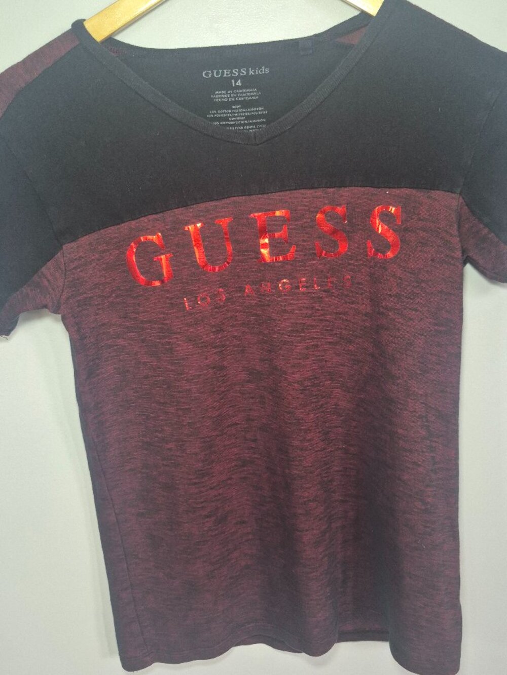 Guess Kids Boys Burgundy Black Colorblock Metallic Logo T-Shirt Size 14